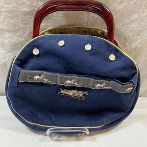 Banner House original vintage navy blue twill with tan plaid lining bermuda bag